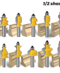 Top Shelf Half Inch Shank Router Bit Set Featuring Architectural Molding And Handrail Profiles Tough As Nails Cnc Woodworking Face Mill Cutters Built For Real Shop Grind: Ten router bits with yellow handles, half-inch shank, and various molding profiles.