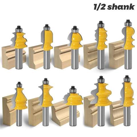 Top Shelf Half Inch Shank Router Bit Set Featuring Architectural Molding And Handrail Profiles Tough As Nails Cnc Woodworking Face Mill Cutters Built For Real Shop Grind: Ten router bits with yellow handles, half-inch shank, and various molding profiles.