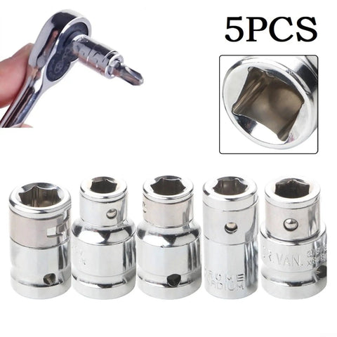 Must Have Hex Socket Adapter Kit forged from tough CR-V Steel Transforms Your 1/4 3/8 And 1/2 Inch Square Drive Ratchets Into Super Cool Screwdriver Bits For Any Drilling Or Driving Job Fast, 5-piece chrome vanadium sockets