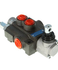 Front-right angled view of ALL-CARB 1-spool hydraulic directional control valve with red port plugs.