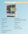 Heavy Duty Industrial Power Supply Gives 12 Volt 3 Amp 36 Watt Output With Rock Solid Reliability, shown in product information sheet.
