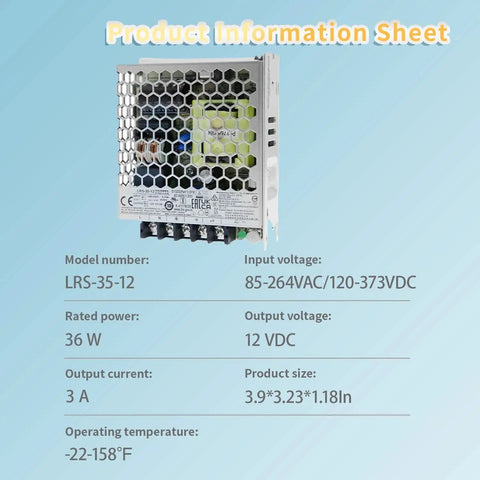 Heavy Duty Industrial Power Supply Gives 12 Volt 3 Amp 36 Watt Output With Rock Solid Reliability, shown in product information sheet.