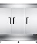 Heavy Duty Three Door Commercial Refrigerator Seventy Two Cubic Feet Stainless Steel Reach In Upright Fridge front view with handles.