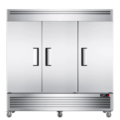 Heavy Duty Three Door Commercial Refrigerator Seventy Two Cubic Feet Stainless Steel Reach In Upright Fridge front view with handles.
