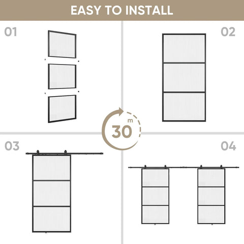 Two In One Double Barn Door Set 60 Inch By 84 Inch With 10 Ft Hardware Kit And Soft Close Reeded Glass Carbon Steel Frame Easy Assembly