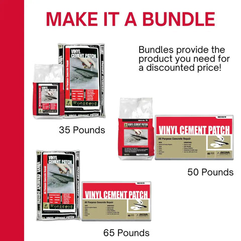 Vinyl Cement Patch bundles with 35, 50, and 65-pound options for concrete repair