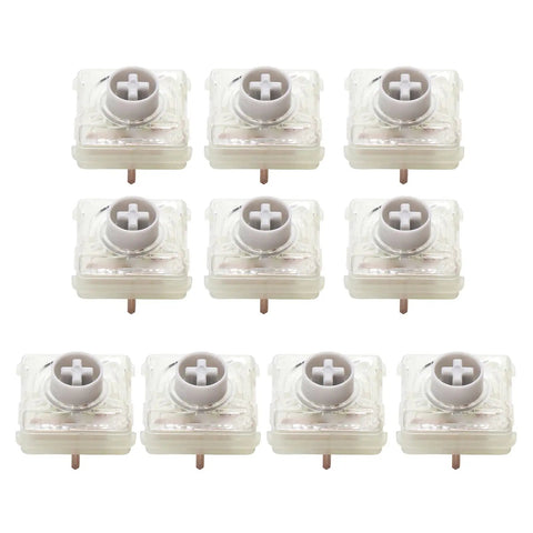 Ultra Thin Premium RGB Mechanical Switches Low Profile Linear Keys High End Custom Hot Swappable Laptop Typing Deck Silver Red Trigger 10 Pack, clear key switches with a gray stem.
