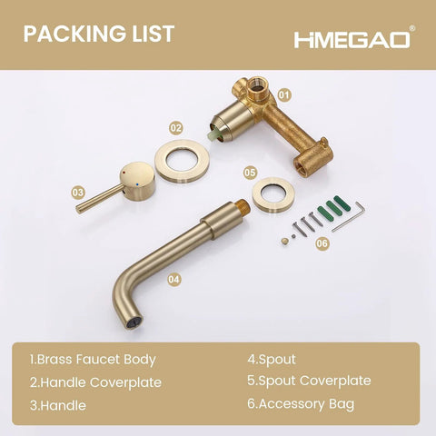 Wall Mount Brushed Gold Bathroom Faucet With Single Handle 2 Hole Modern Sink Faucet Includes Rough In Valve parts layout shown