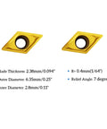 Two yellow coated carbide DCMT turning inserts with center holes (front view)