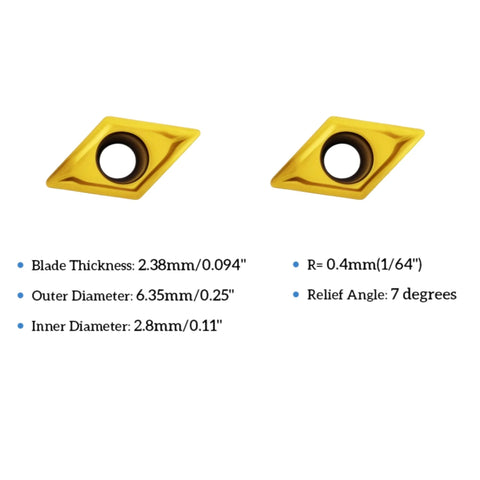 Two yellow coated carbide DCMT turning inserts with center holes (front view)
