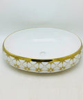 Modern Ceramic Oval Vessel Sink For A Total Bathroom Glow Up Featuring Super Sleek Gold Basin, 600x410x155mm.