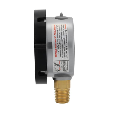 Side view of Go-To Stainless Steel Pool Filter Pressure Gauge 0-60 PSI Waterproof With Clean Filter Indicator, 1/4 In NPT Lower Mount.