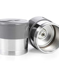 Front and side view of 1.98-inch chromed bearing protectors with protective bras, pair for trailer boat.
