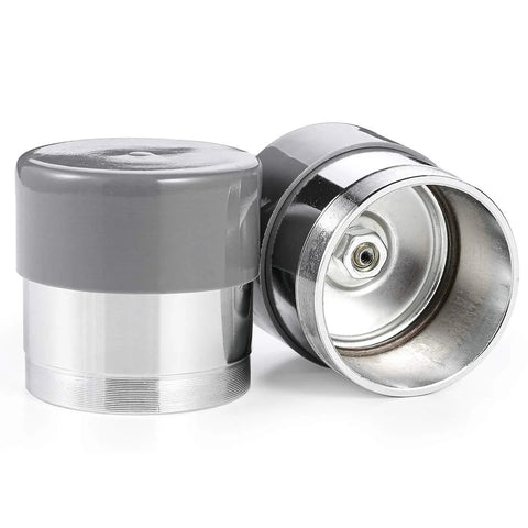 Front and side view of 1.98-inch chromed bearing protectors with protective bras, pair for trailer boat.