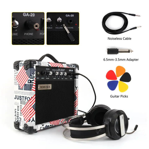 20W Portable Electric Bass Guitar Amplifier for Beginners with headphone jack, MP3 playback, and accessories like cable and picks