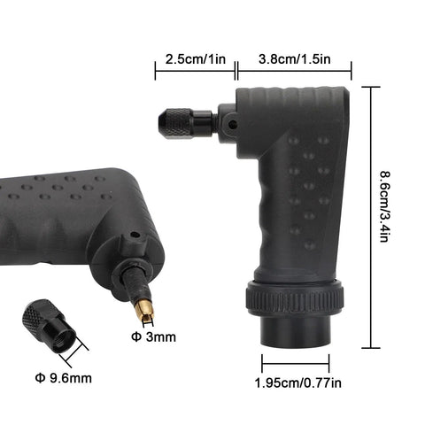Heavy Duty Right Angle Converter Kit For Rotary Tools With Cool Running Bearings For Tight Spots And Precision Polishing Or Engraving Work Busts Tough Jobs Daily, featuring black grip handle and measurements.