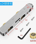 Heavy Duty Stainless Steel Sliding Door Pulley Kit With Double Copper Roller Wheels, dimensions showing parts and screws.
