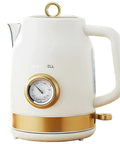 Retro Electric Tea Kettle 1.7L With Temperature Gauge 1500W Fast Boil 304 Stainless Steel BPA Free Auto Shut Off Boil Dry Protection Matte White Gold Kitchen Essential, front view