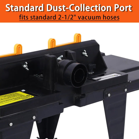 Standard dust-collection port on the Beefy Benchtop Router Table Built Tough With Sturdy Steel Stand, fits 2-1/2" vacuum hoses.
