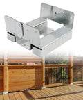 Galvanized 6x6 steel post base shown with wooden deck and railing in background, highlighting rust-resistant outdoor use and moisture protection