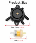 Hella Reliable Vacuum Fuel Pump With Integrated Filter For Small Engines And Golf Carts 3.35 in pump and 2.13 in filter size displayed.