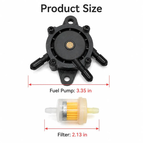 Hella Reliable Vacuum Fuel Pump With Integrated Filter For Small Engines And Golf Carts 3.35 in pump and 2.13 in filter size displayed.