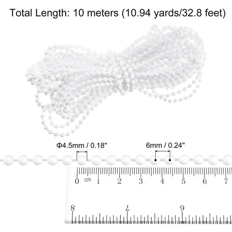 Sweet Swap Roller Blind Bead Chain Cord Set Featuring 10 Meters Of Cuttable White Pull Chain And Tough POM Connectors shown with measurements.