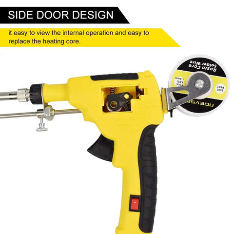 Yellow 60W Automatic Soldering Gun Kit With Ceramic Heater showing side door design for easy heating core access.