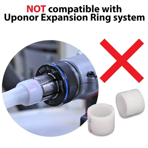 Image showing PEX fitting on tool with text warning not compatible with Uponor. Half Inch Brass PEX Fittings Kit With 10 Elbows 10 Tees And 10 Couplers Straights For Domestic Water And Radiant Heating DIY Friendly Go To Potable PEX Plumbing Supply DZR No Lead Brass Crimp Cinch System