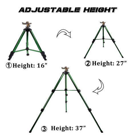 Beefy Impact Sprinkler Head On Tripod Base For Lawn Irrigation, 3 adjustable heights 16, 27, 37 inches, Heavy Duty 360 Degree Coverage