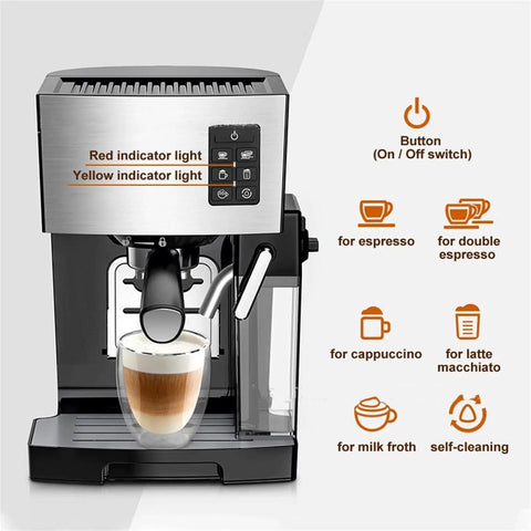 Front view of All In One Coffee Maker With Milk Frother For Espresso Cappuccino And Latte Automatic Brew System Permanent Filter No Paper Filters Needed Wake Up To Fresh Coffee Every Morning Easy To Use No Fuss Clean