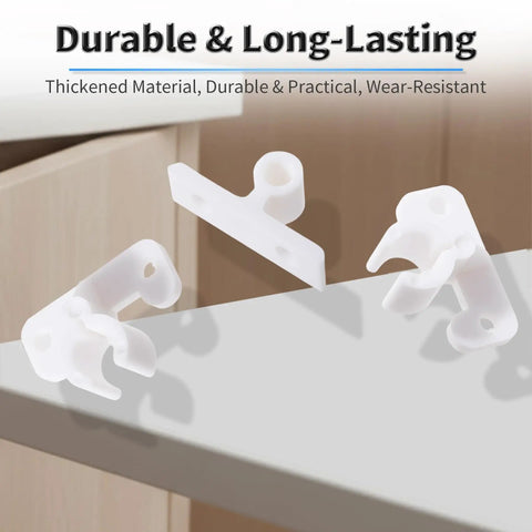 No Sweat Heavy Duty White Cabinet Door Retainer Ball Catch 5 Pack Smooth Push Latch Rock Solid Abs Plastic Quick Fix For Kitchen Or Closet Doors Ready To Go, showing durable white plastic latches on a countertop.