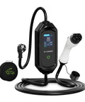 Top Shelf Portable EV Charger Featuring Slick 16 Amp SAE J1772 And Type Two Plugs with display and connectors.