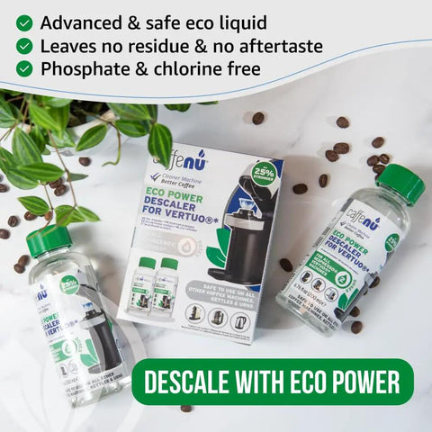 Vertuo Descaler Kit Two Bottles For Limescale Removal And Hotter Coffee Descaler Solution next to product box with coffee beans