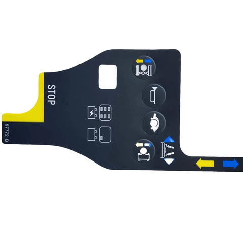 Top Shelf Replacement Play Control Box Overlay Decal Sheets 97772 97772GT 97772B 10 Pack for Genie lift control panel with STOP label.