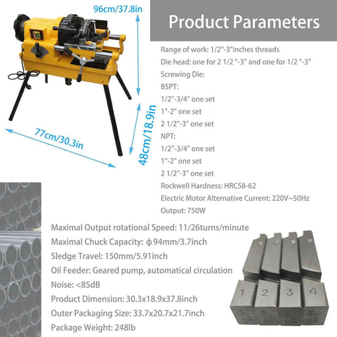 Built Tough Electric Pipe Threader Machine with 1/2 to 3 Inch Npt Bspt Dies, 220V, 750W motor and threading parameters.