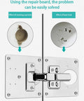 Door Hinge Repair Plate for Kitchen Cabinets and Furniture Stainless Steel Fix Kit installed on cabinet door showing reamed holes.
