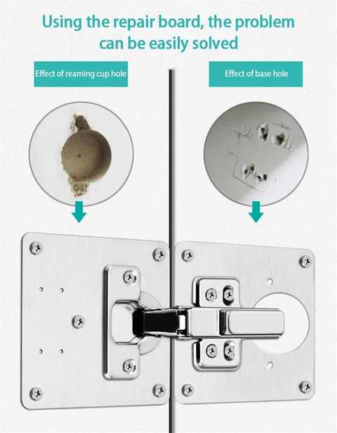 Door Hinge Repair Plate for Kitchen Cabinets and Furniture Stainless Steel Fix Kit installed on cabinet door showing reamed holes.