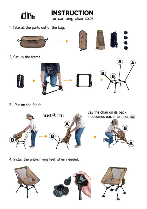 Assembly instructions for Ultralight Camping Folding Beach Chair with Anti Sinking Large Feet and Back Support Webbing.