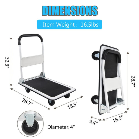 Foldable Platform Cart With 330 Lbs Capacity Four Wheel Flatbed Hauler for quick grab and go hauling, white cart dimensions 28.7x18.5 inches.
