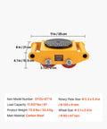Front view of yellow industrial dolly with PU wheels and specifications, part of Beefy 4 Pack Heavy Duty Machinery Skates Dollies For Moving Up To 17,637 Lbs With 4 PU Wheels, 360 Degree Rotation, Non Slip Caps, Low Profile Industrial Mover Rollers For Factory, Warehouse, And Workshop.