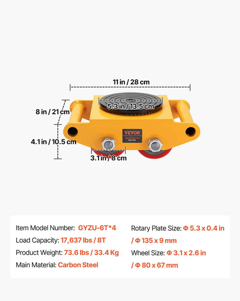 Front view of yellow industrial dolly with PU wheels and specifications, part of Beefy 4 Pack Heavy Duty Machinery Skates Dollies For Moving Up To 17,637 Lbs With 4 PU Wheels, 360 Degree Rotation, Non Slip Caps, Low Profile Industrial Mover Rollers For Factory, Warehouse, And Workshop.