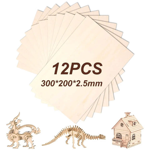 Basswood sheets, front view, 12 pcs, 300x200x2.5mm unfinished for laser cutting and crafts
