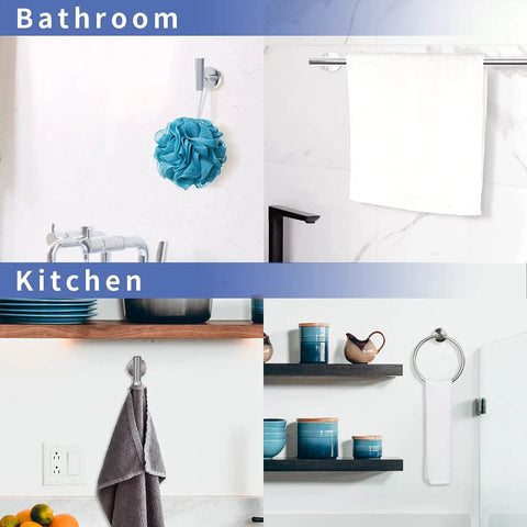 Image showcasing Six Piece Brushed Nickel Bathroom Hardware Set With Wall Mount Includes 23 Inch Towel Bar 17 Inch Towel Bar Toilet Paper Holder Towel Ring And 2 Hooks Made From SUS304 Stainless Steel Built Tough Rust Resistant For A Modern Bathroom Upgrade in use in a bathroom and kitchen setting.