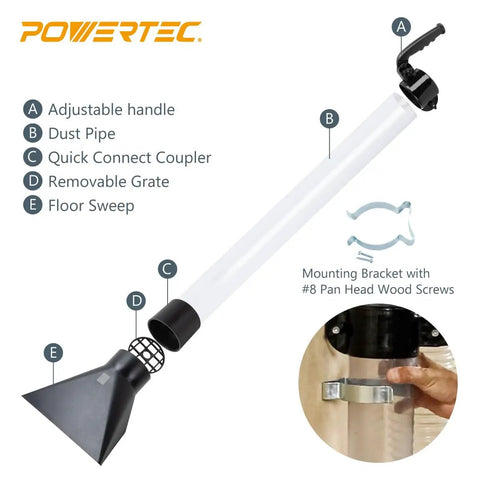 Heavy Duty Dust Collection Floor Sweep And 4 Inch Clear Dust Pipe Accessory Kit With Quick Connect Coupler displaying adjustable handle and floor sweep components.