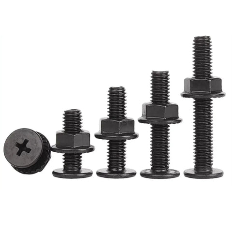 Black 304 Stainless Steel M6 Cross Head Screws With 12mm Flat Head And Flange Nuts Kit, 30 Sets, Heavy Duty, different sizes shown