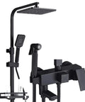 CUTPOIY Wall-Mounted Matte Black Exposed Shower System Rain Shower 4 Function includes a handheld spray and tub spout, solid brass.