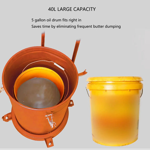 Heavy Duty Pneumatic Grease Pump Kit, 40L Capacity, showing orange steel drum with yellow 5 gallon oil drum for easy lubrication.
