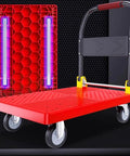 Heavy Duty Folding Flatbed Cart With Precision Rollers, Portable Hand Pulled Dolly For Garage And Job Site Cargo Hauling, No Sweat Transport Wagon And Moving Workhorse in bright red with sturdy wheels.