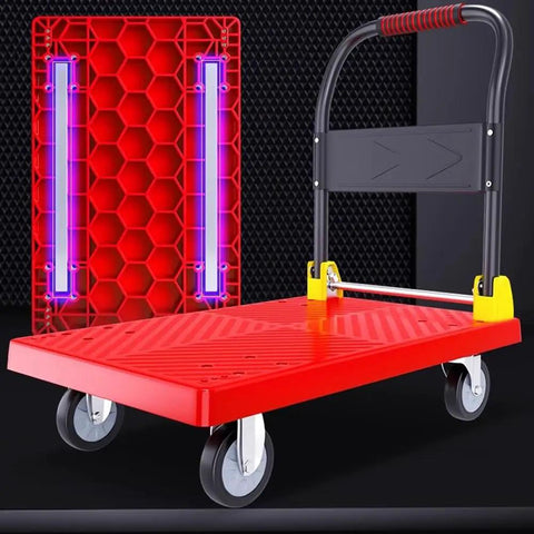 Heavy Duty Multi Purpose Folding Platform Truck Cart With Sturdy Wheels To Easily Roll Your Hefty Gear And Cardboard Boxes Anywhere, red flatbed with 4" wheels.